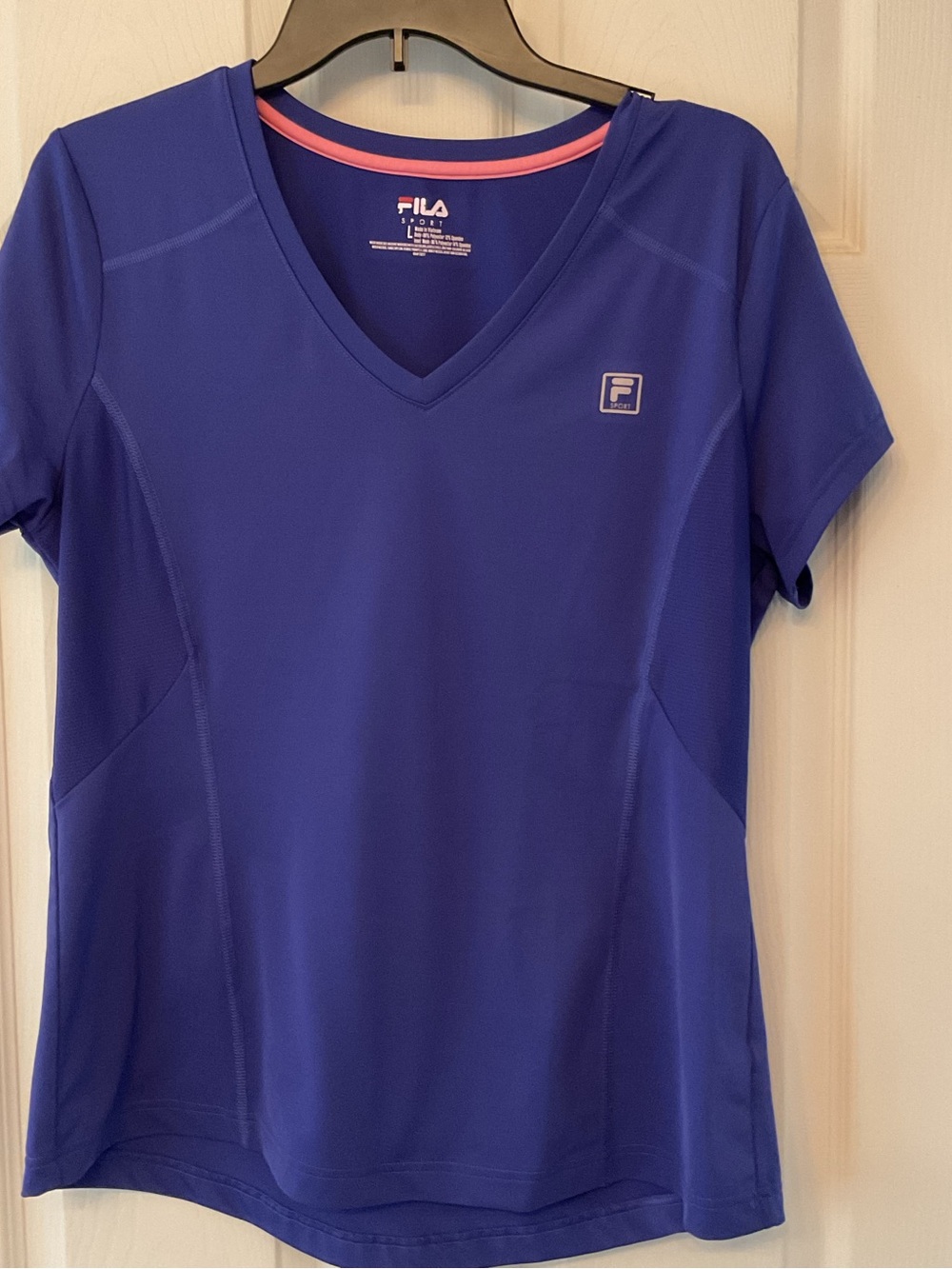 FILA Women’s V-Neck Short Sleeve Tee - Blue with Pink Trim